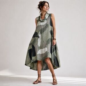 Made In Italy Linen Dress One Size Asymmetric Green Pockets Art Wear Lagenlook